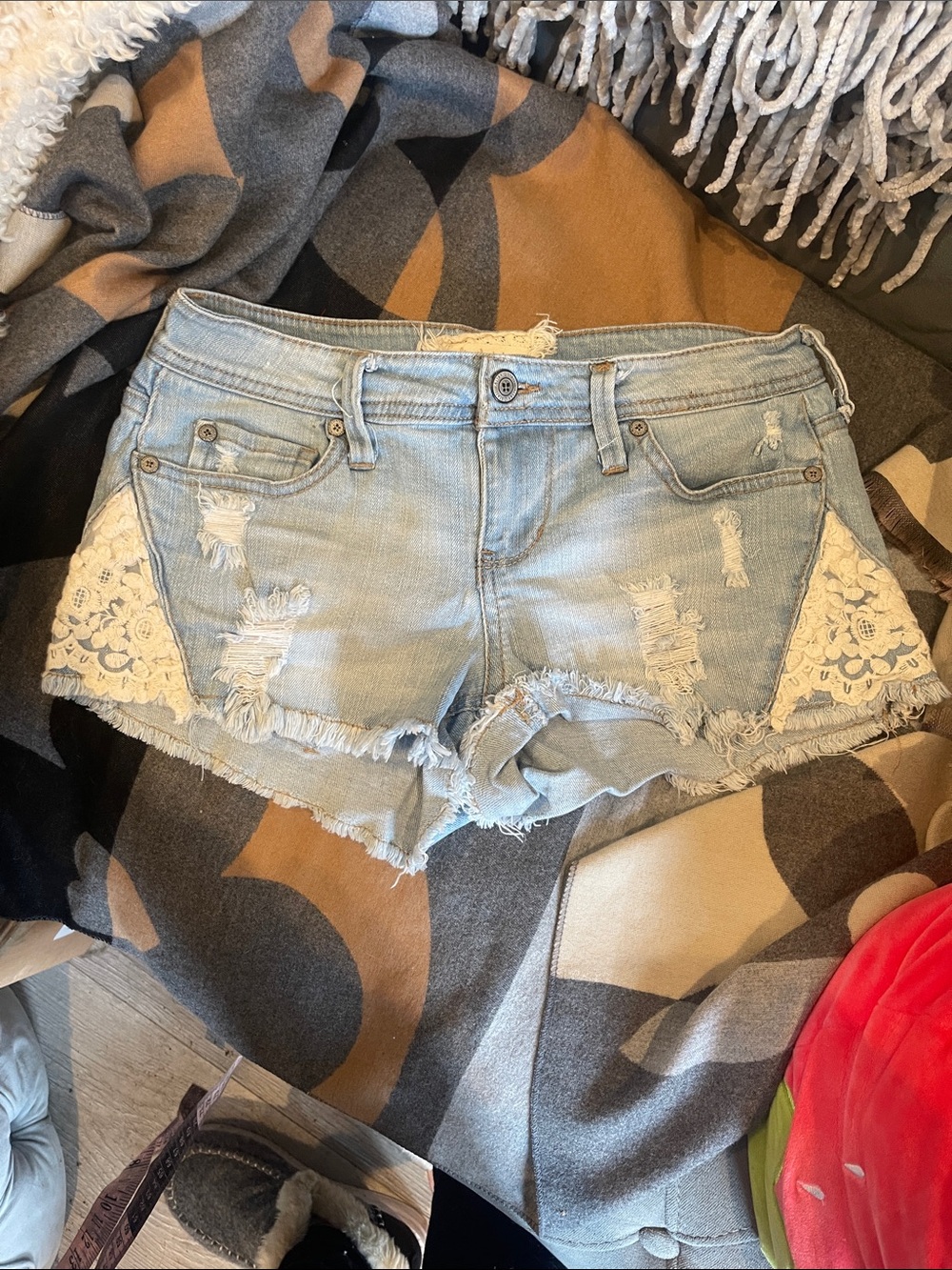 Altar'd State Light Wash Denim Shorts with Ivory Lace Insets